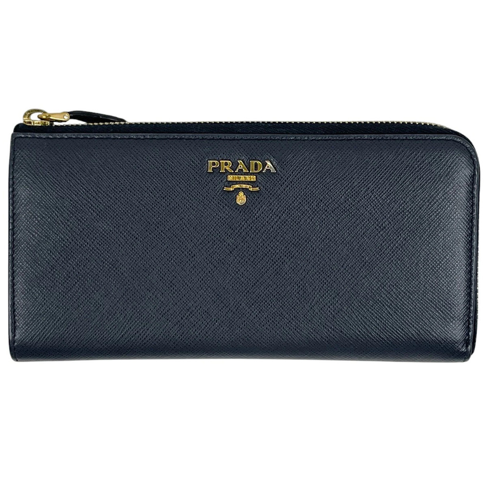 Prada Plate L shaped Zipper Long Wallet Billfold Coin Saffiano Leather Navy Blue
